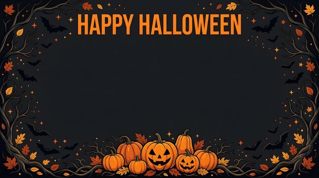 Halloween background with pumpkins, bats, and bare tree branches, featuring a festive orange happy halloween greeting and autumn leaves on a dark backdrop