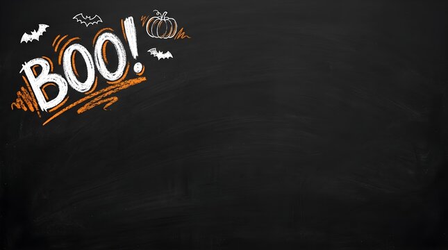 Halloween chalkboard background with handdrawn white and orange chalk lettering of the word boo, bats, and a pumpkin in the corner with copy space
