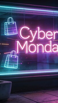 Vertical video: Panning camera zooming in on storefront, framing neon Cyber Monday and bag icons