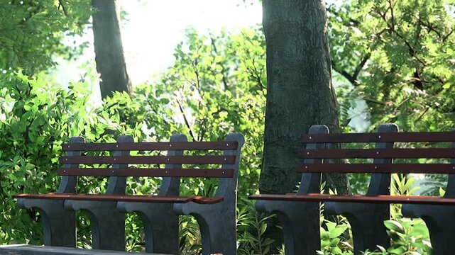 Sunlight filters through leaves, casting gentle shadows on sturdy benches in a serene park. Vibrant greenery surrounds the area, inviting visitors to relax and unwind.