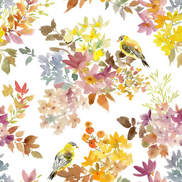 Watercolor Autumn Floral Seamless Pattern with Abstract Hand-Painted Autumn Wildflowers, Leaves, and Little Birds on a Transparent Background for Fabric, Wallpaper, Gift Wrapping, and Surface Design