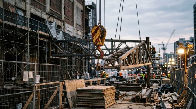 Secured building renovation site with crane hook, steel trusses, temporary fencing, floodlights and stacked plywood