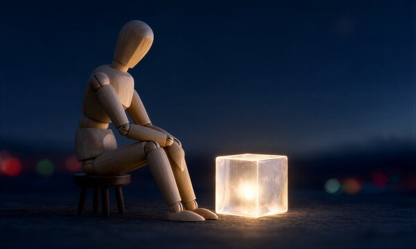 Wooden figure sits beside glowing cube at night, contemplative in dimly lit scene.