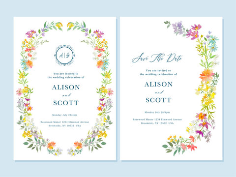 Watercolor Elegant Floral Wedding Invitation Card Template Set with Hand-Painted Wildflowers, Vector Files