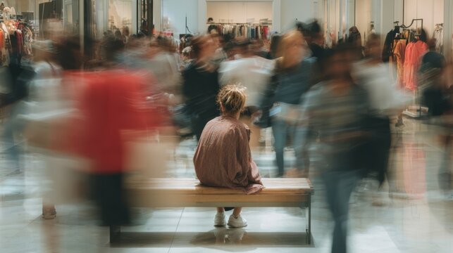 Medium shot of a person momentarily sitting on a bench inside a store surrounded by blurred shoppers coping with longCOVID dysautonomia symptoms like vertigo.