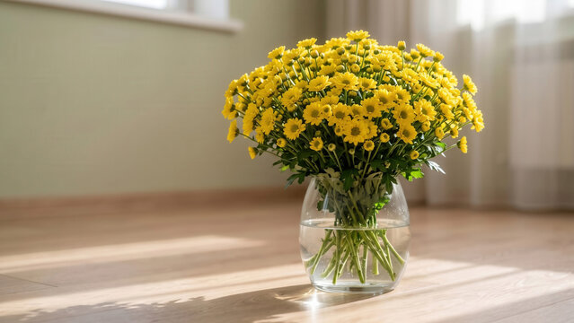 Yellow Chrysanthemums in a Transparent Glass Vase with Soft Natural Light