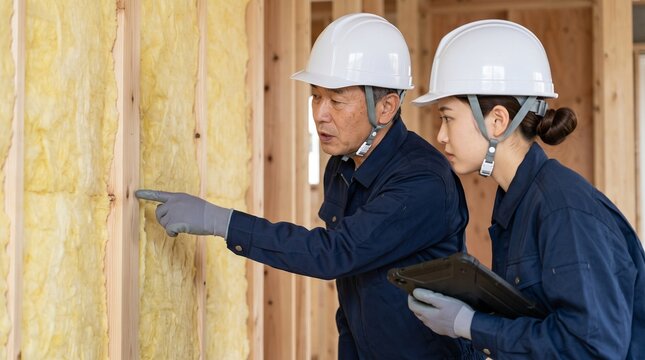 木造住宅の建築現場で断熱材の施工状態を点検しOJT指導を行う現場監督の日本人男女
