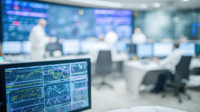 Clear medium shot of a data monitoring dashboard inside a BESS control center with operators and equipment subtly blurred behind.