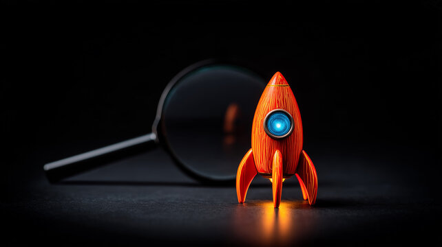 A miniature rocket standing beside a magnifying glass represents startup research and the evaluation of innovative business ideas.