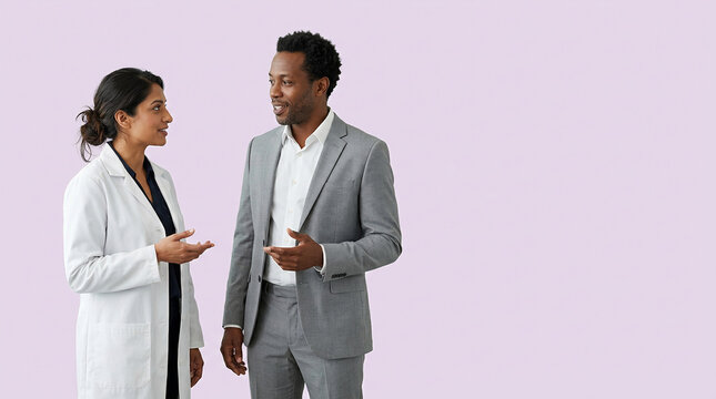Professional Collaboration Medical expert and business executive engaging in a focused discussion on strategic healthcare initiatives and future advancements for sustainable growth