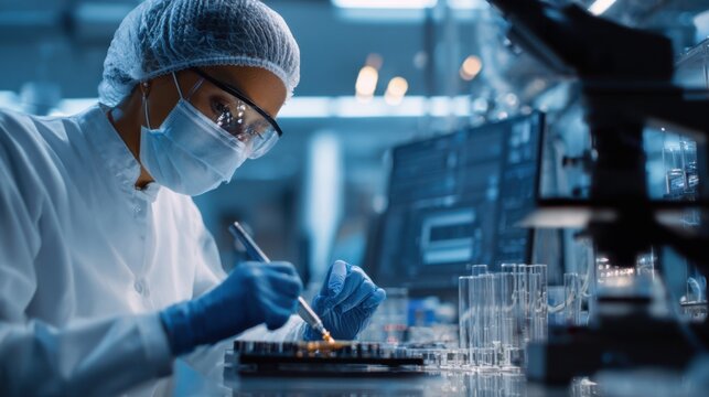 Scientist analyzes conductivity in nanoparticle coated electronics to improve electrical performance in a research laboratory.