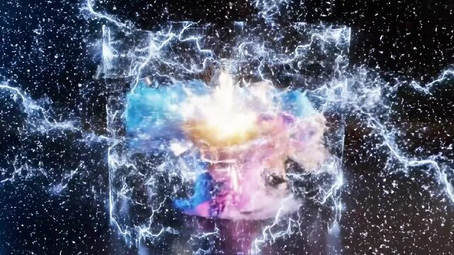 Vibrant multicolored smoke explosion inside wireframe cylinder.