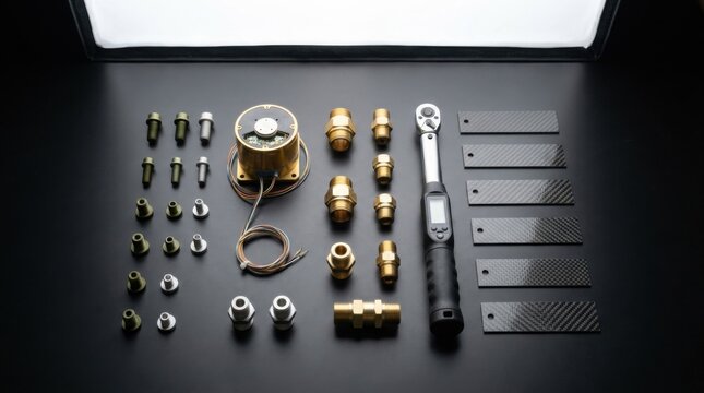 Overhead knolling of precision defense hardware with anodized aluminum fasteners, fiber optic gyroscope sensor, brass fittings, torque wrench, and carbon coupons.