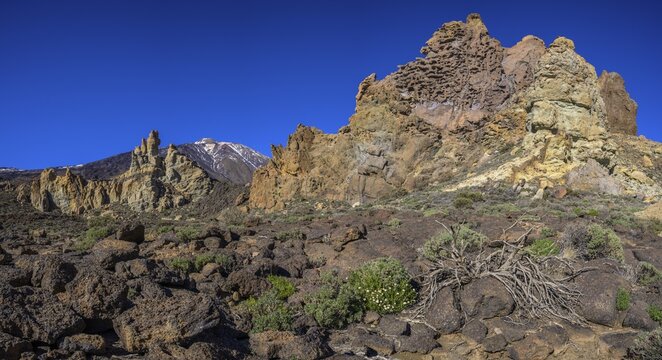 Colourful rocks of Roques de Garcia and Teide in the background, Las Canadas del Teide National Park, La Orotava, Tenerife, Spain