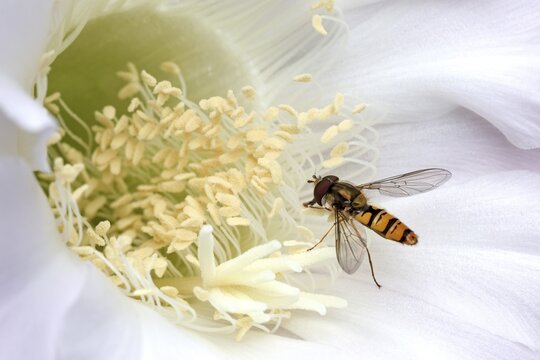 Hoverfly (Syrphidae) sitting on cactus flower (Echinopsis sp.), Baden-W&uuml;rttemberg, Germany