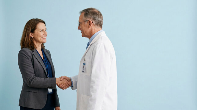 A businesswoman and a doctor engage in a handshake, symbolizing professional collaboration and a successful partnership for healthcare innovation