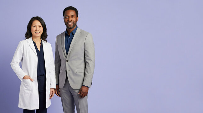 Diverse professionals, a medical expert and a business strategist, showcase strong partnership and effective collaboration for future-focused growth and innovation