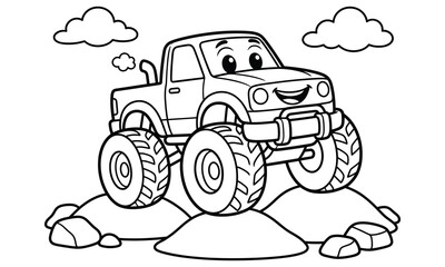 Cute monster truck with big wheels on rocks coloring page printable activity sheet for kids © MdMasum
