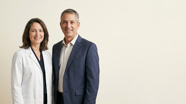 Confident professional duo embodying strong collaboration and a successful partnership, fostering innovation and achieving shared goals in a modern business and healthcare environment