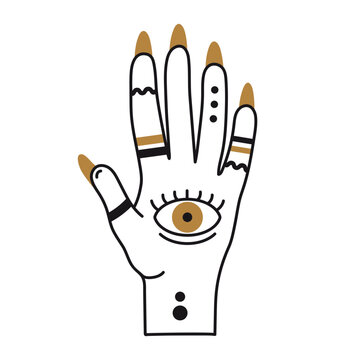 Mystic hand with hamsa all seeing eye, vector illustration. Hand drawn esoteric boho palmistry icon with gold nails, tattoos and rings. Magical doodle, occult concept element for tarot card design