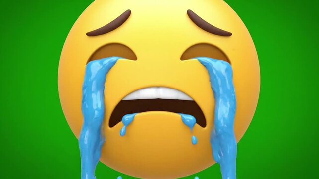 3D Loudly Crying Emoji Crying Streams of Water Tears on Green Screen Chroma Key. 4K Video