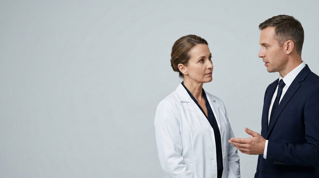 An insightful conversation between a healthcare professional and a corporate executive, emphasizing the crucial importance of interdisciplinary collaboration for growth and innovation