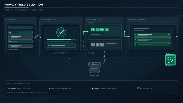 Data Minimization and Field Filtering Privacy by Design Animation Excluding Unnecessary Personal Attributes from Structured Datasets Dark Background Seamless Loop Corporate