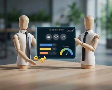 Two wooden mannequins in business attire presenting a digital dashboard displaying social media engagement metrics and sentiment analysis in a modern office setting