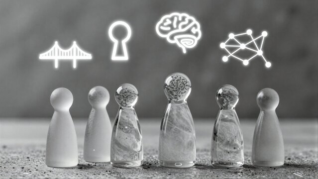 Abstract figures stand before glowing icons symbolizing connectivity, intelligence and innovation.