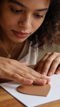 Vertical video: Leaning forward, adult woman pressing brown heart onto card at table to secure