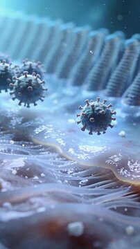 Vertical video: Drifting spiked viral cluster moving right over mucus layer, camera tracking specks