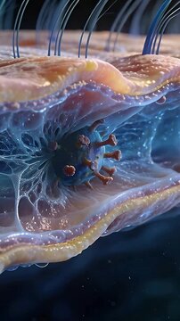 Vertical video: Advancing filament pulling spiked particle into cilia, making membrane wrap inward