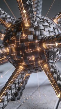 Vertical video: Lighting warm nodes sparking woven orb pulsing arcs along ropes in studio for flow
