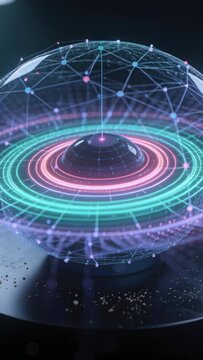 Vertical video: Forming holo sphere rising over dark base with light beam starting mesh for display