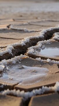 Vertical video: Moving camera revealing cracked plates with salt rims and brine pools on salt flat