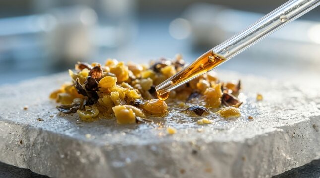 Microfluidic capillary tube extracting luminous amber bio-oil droplets from crushed rapeseed mash on a quartz stage in a chemistry research lab.