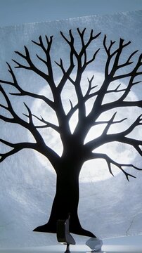 Vertical video: Twisting black tree silhouette on sheet by hand, warping under sun with clip