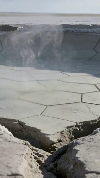 Vertical video: Whirling vortex rising from hex plates pit on salt flat, light wind lifting dust