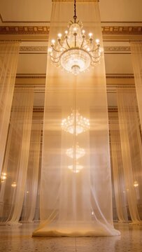 Vertical video: Shifting crystal chandelier and sheer drapery moving in grand hall, camera zooming