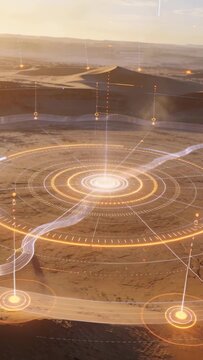 Vertical video: Pulsing core initiating glowing ribbon over desert, linking rings and marker beams
