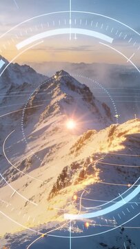 Vertical video: Activating HUD scanning mountain ridge at dawn, tracing glowing waypoints to map