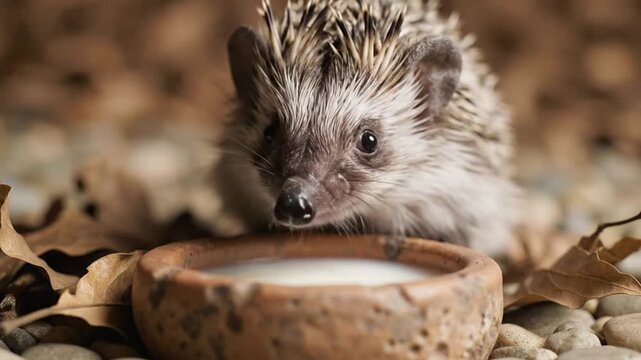 A cute small hedgehog drinking milk from a clay bowl on the ground.