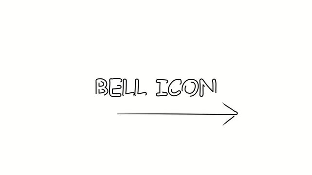 Bell icon, text. Contour drawing business text animation with arrow, direction. Continuous line word. Isolated message on white. Video 4k object illustration self-drawing. Minimalist continuous line d