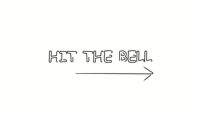 Hit the bell, text. Contour drawing business text animation with arrow, direction. Continuous line word. Isolated message on white. Video 4k object illustration self-drawing. Minimalist continuous lin