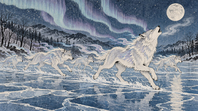 Pack of pale wolves running across a frozen lake under a full moon and northern lights, Japanese woodblock print illustration