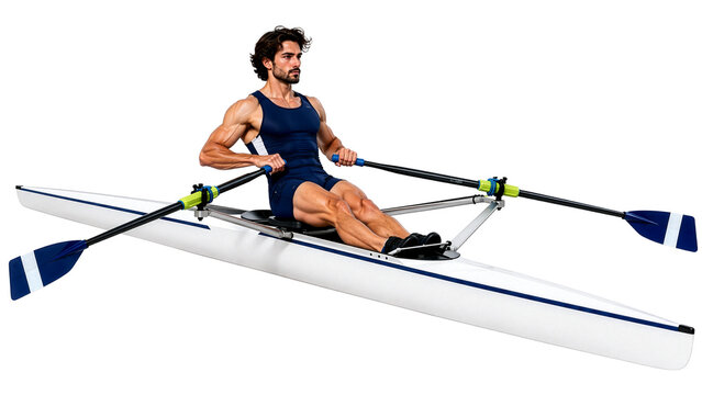 Male sculler shows sculling technique, isolated on a transparent background with alpha transparency. This detailed sports cutout is suitable for advertising, fitness campaigns, and editorial design.