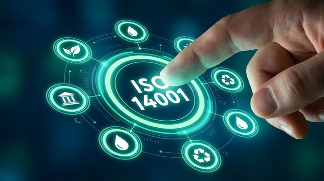 Close up of a hand interacting with a digital interface showing ISO 14001 Environmental Management System symbols, highlighting sustainability, corporate responsibility, and green technology.