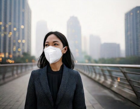 Asian woman wearing N95 mask walking in smoggy city street