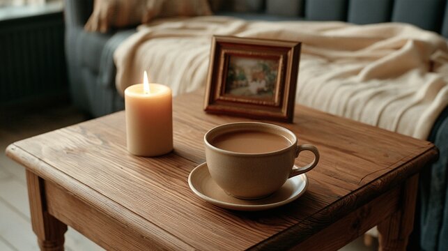Tea cup lit candle framed photograph wooden table cozy bedroom warm light coffee bed comfort