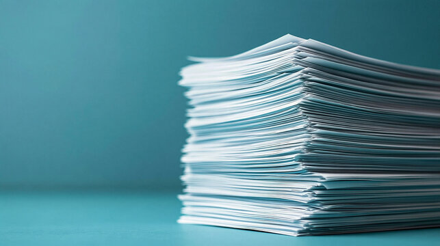 Paper Stack: A tall stack of white papers on a teal surface, symbolizing business workload or administrative tasks.